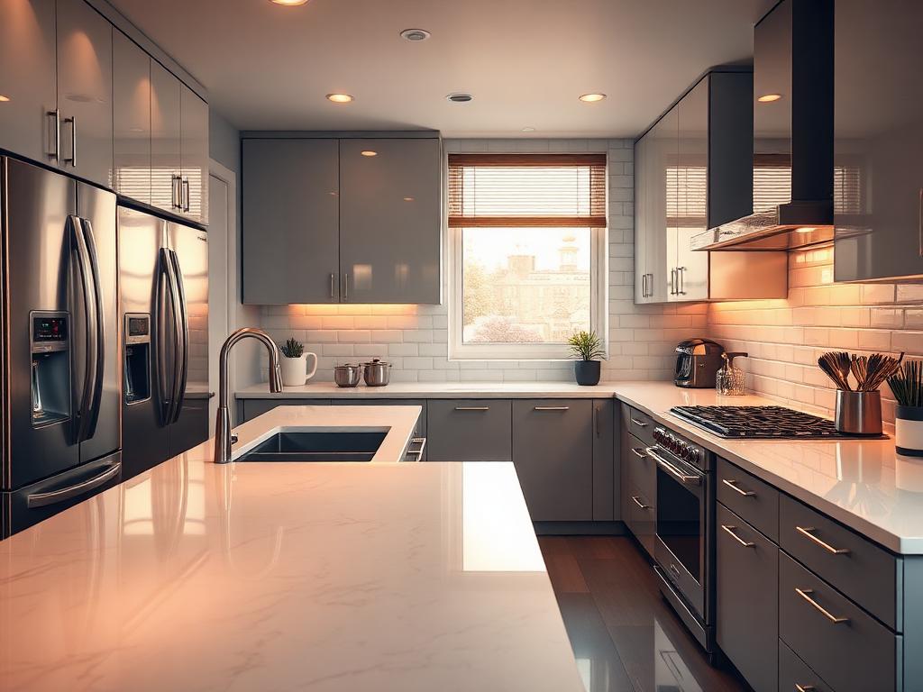 Immaculate modern kitchen with gleaming worktops