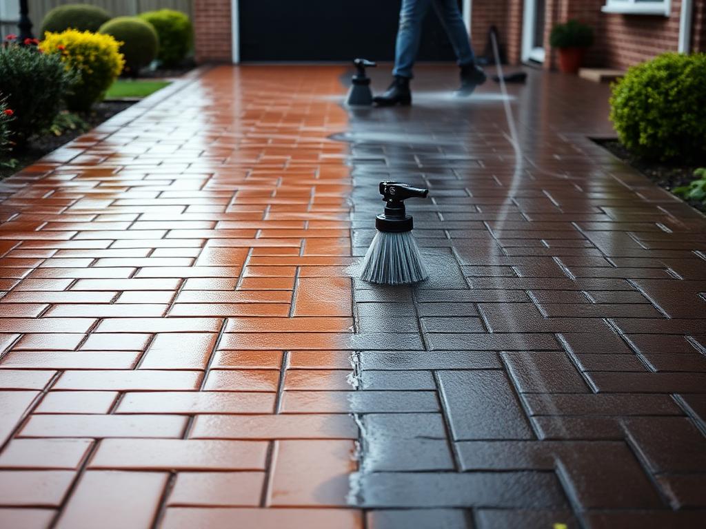 Block-paved driveway mid pressure-wash with a clean and dirty split line