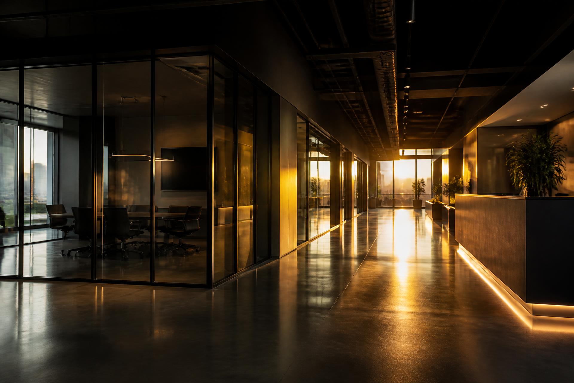 Spotless modern commercial office interior at golden hour
